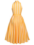 Orange 1950s Stripes Bow Swing Dress