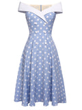 Sky Blue 1950s Off Shoulder Dots Dress
