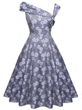 Navy Blue 1950s Off Shoulder Daisy Dress