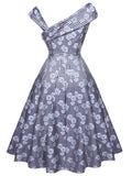 Navy Blue 1950s Off Shoulder Daisy Dress