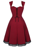 Wine Red 1950s Lace Solid Swing Dress