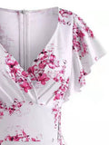 Pink Plunging Neck Floral Surplice Dress
