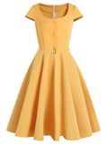 Yellow 1950s Buttoned Belted Swing Dress