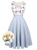 2PCS Blue 1950s Embroidery Pockets Dress & Bow Polka Dot Dress