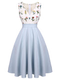 [US Warehouse] Blue 1950s Embroidery Pockets Swing Dress