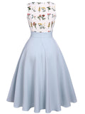 2PCS Blue 1950s Embroidery Pockets Dress & Bow Polka Dot Dress