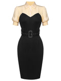 Black 1960s Puff Sleeve Belt Pencil Dress