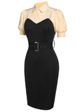 Black 1960s Puff Sleeve Belt Pencil Dress