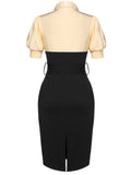Black 1960s Puff Sleeve Belt Pencil Dress