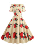 1950s Beige Floral Swing Dress