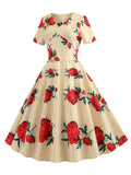 1950s Beige Floral Swing Dress