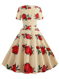 1950s Beige Floral Swing Dress