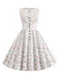 1950s Floral Buttons Swing Dress