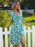 Green Maple leaf Knot Side Wrap Dress