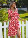 Red Maple leaf Knot Side Wrap Dress