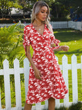 Red Maple leaf Knot Side Wrap Dress