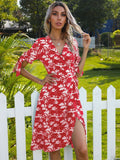 Red Maple leaf Knot Side Wrap Dress