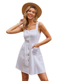 White Spaghetti Strap Button Dress