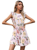 White Floral Ruffles Belt Dress
