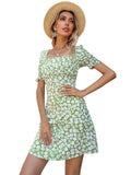Green Floral Peasant Sleeve Dress