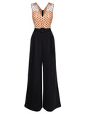 [US Warehouse] Black 1930s Polka Dot Patchwork Belt Jumpsuit