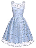 Blue 1950s Floral Embroidery Lace Dress