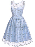 Blue 1950s Floral Embroidery Lace Dress