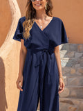 Navy Blue 1950s Solid Belted Jumpsuit