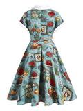 Blue 1950s Button Comics Swing Dress