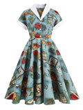 Blue 1950s Button Comics Swing Dress
