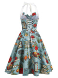 Blue 1950s Halter Comics Swing Dress