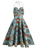 Blue 1950s Halter Comics Swing Dress