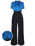 Blue 1950s Solid Lace-up Jumpsuit