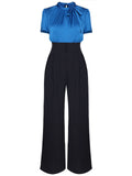 Blue 1950s Solid Lace-up Jumpsuit