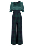[Pre-Sale] Green 1930s Plaid Patchwork Puff Jumpsuit