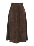[Plus Size] Brown 1950s Solid Corduroy A-line Skirt