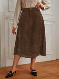 [Plus Size] Brown 1950s Solid Corduroy A-line Skirt