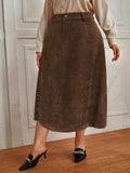 [Plus Size] Brown 1950s Solid Corduroy A-line Skirt