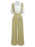 2PCS 1950s Ruffled Blouse & Solid Suspender Pants