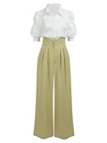 2PCS 1950s Ruffled Blouse & Solid Suspender Pants