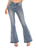 Retro Floral Embroidery Stripped Flare Jeans