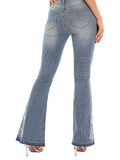 Retro Floral Embroidery Stripped Flare Jeans
