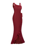 Wine Red 1960s Ruffled Fishtail Vintage Dress