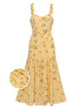 Yellow Plaids Fruits Ruffled Strap Vintage Dress