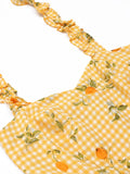 Yellow Plaids Fruits Ruffled Strap Vintage Dress