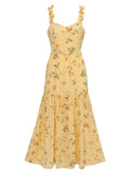 Yellow Plaids Fruits Ruffled Strap Vintage Dress