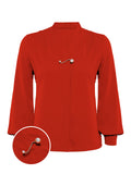 Red Solid Pearl Long Sleeves Blouse & Brooch