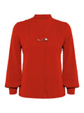 Red Solid Pearl Long Sleeves Blouse & Brooch