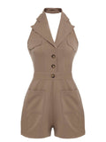 Khaki 1950s Notched Collar Solid Romper
