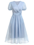 Sky Blue 1950s Solid Wrap Puff Sleeves Dress